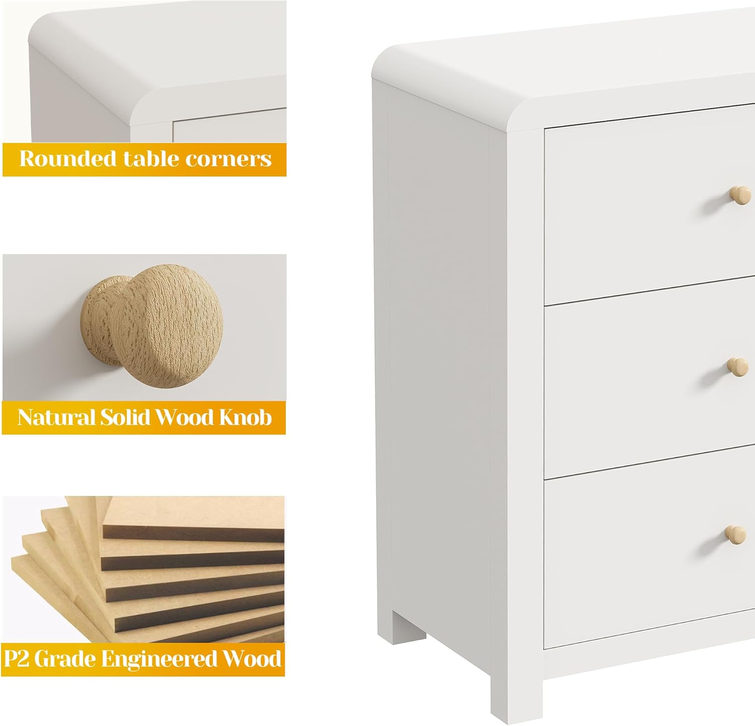 RoyalCraft Drawer Dresser, Modern Chest of Drawers with Rounded Table Corners, Wooden Closet Dresser Nightstand Side Table with Ample Storage Space for Bedroom, Living Room, Entryway (White, 26.97"W)