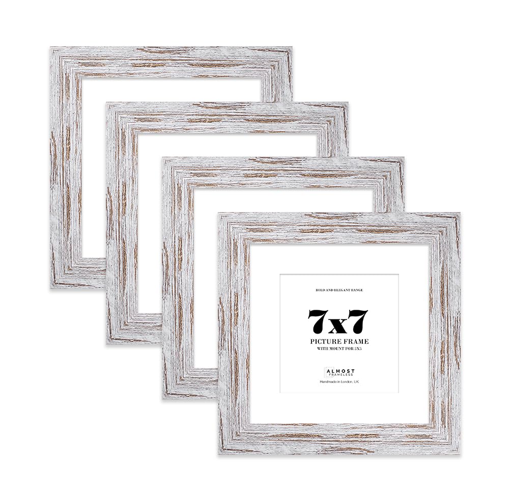 7x7" Distressed Wood Square Frame With Mount for 5x5" Pictures 28mm Edge Frame Display with Wall Hooks and Kickstand, 4 Pack
