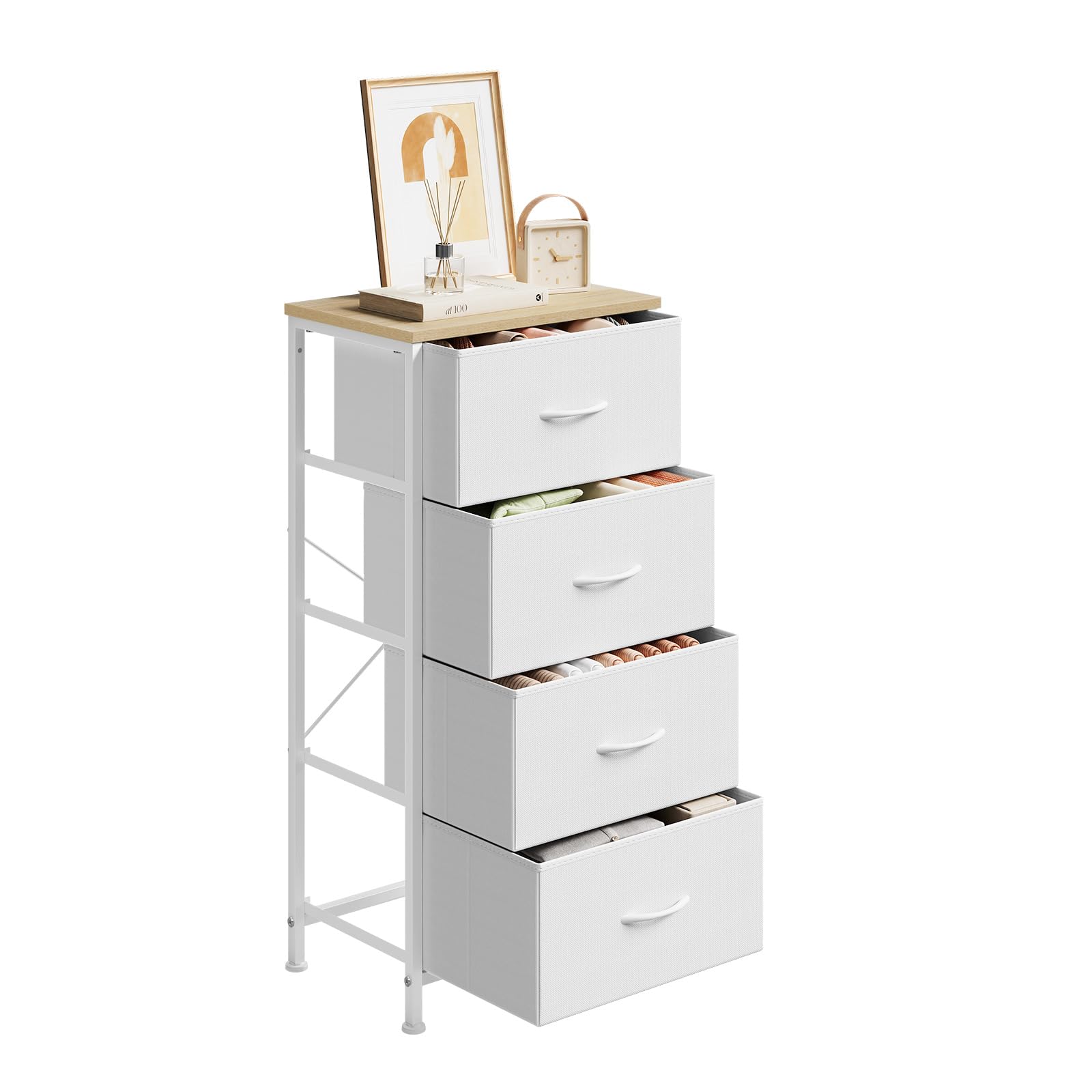 WOLTU Cajonera de Tela, Cómoda 4 Cajones, Armario con Cajas, Organizador de Juguetes, para Dormitorio, Salon y Habitación Infantil, Marco de Metal, Blanco, SSK011ws