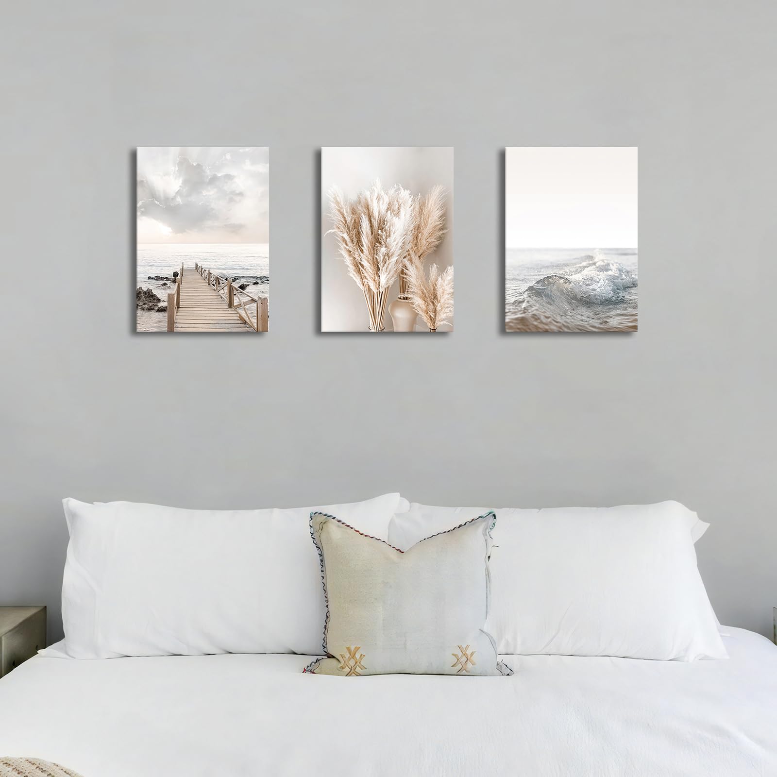 3 Pcs Wooden Framed Canvas Wall Art Set Bohemian Sage Green Canvas Prints Poster Geometric Line Beige Green Pictures for Living Room Bedroom Dinning Room Hallway Stairs Wall Decor 30x40cm x3pcs — view 368
