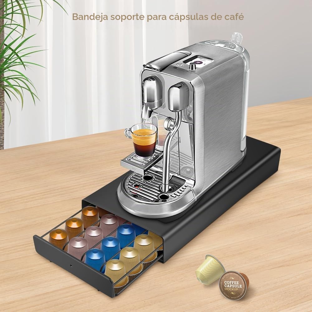 Soporte para cápsulas de café, cajón para guardar 40 cápsulas de café, dispensador de cápsulas de café de metal, con superficie antideslizante, color negro, 37,5 x 17,5 x 5,3 cm, 1160 g