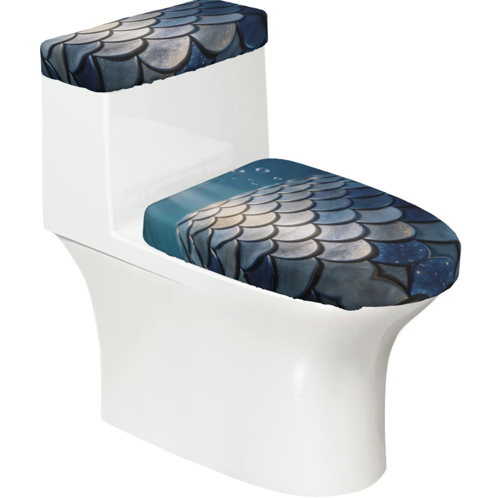 Cntdbu Black Fish Scale Sequins Stretchy Toilet Lid And Tank Cover Set-Soft Elastic Bathroom Decor For U Shape Oval