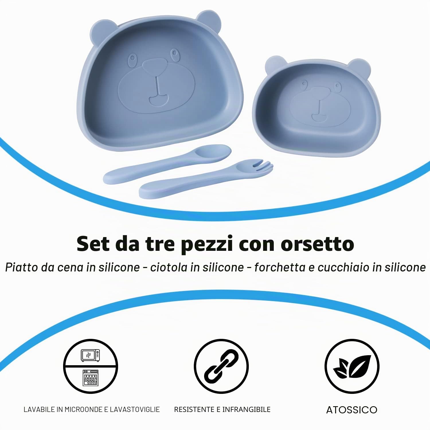 Piatto con Ventosa per Bambini in Silicone,4 Pezzi Piastra Ciotola per Neonati con Cucchiaio e Forchetta,Set Pappa Svezzamento Bambini,100% senza BPA,lavastoviglie e cassaforte a microonde,Blu
