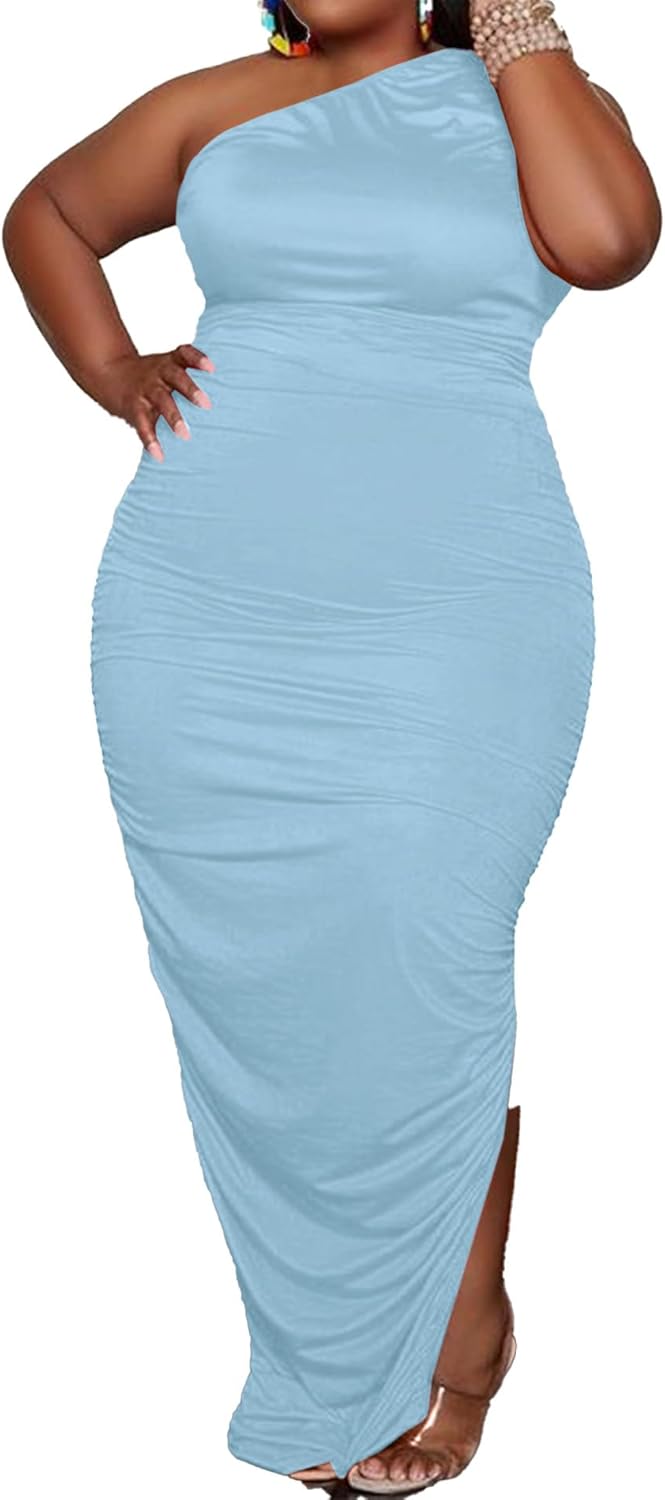 Womens Sexy Plus Size One Off Shoulder Sleeveless Bodycon Ruched Evening Pencil Party Maxi Dresss