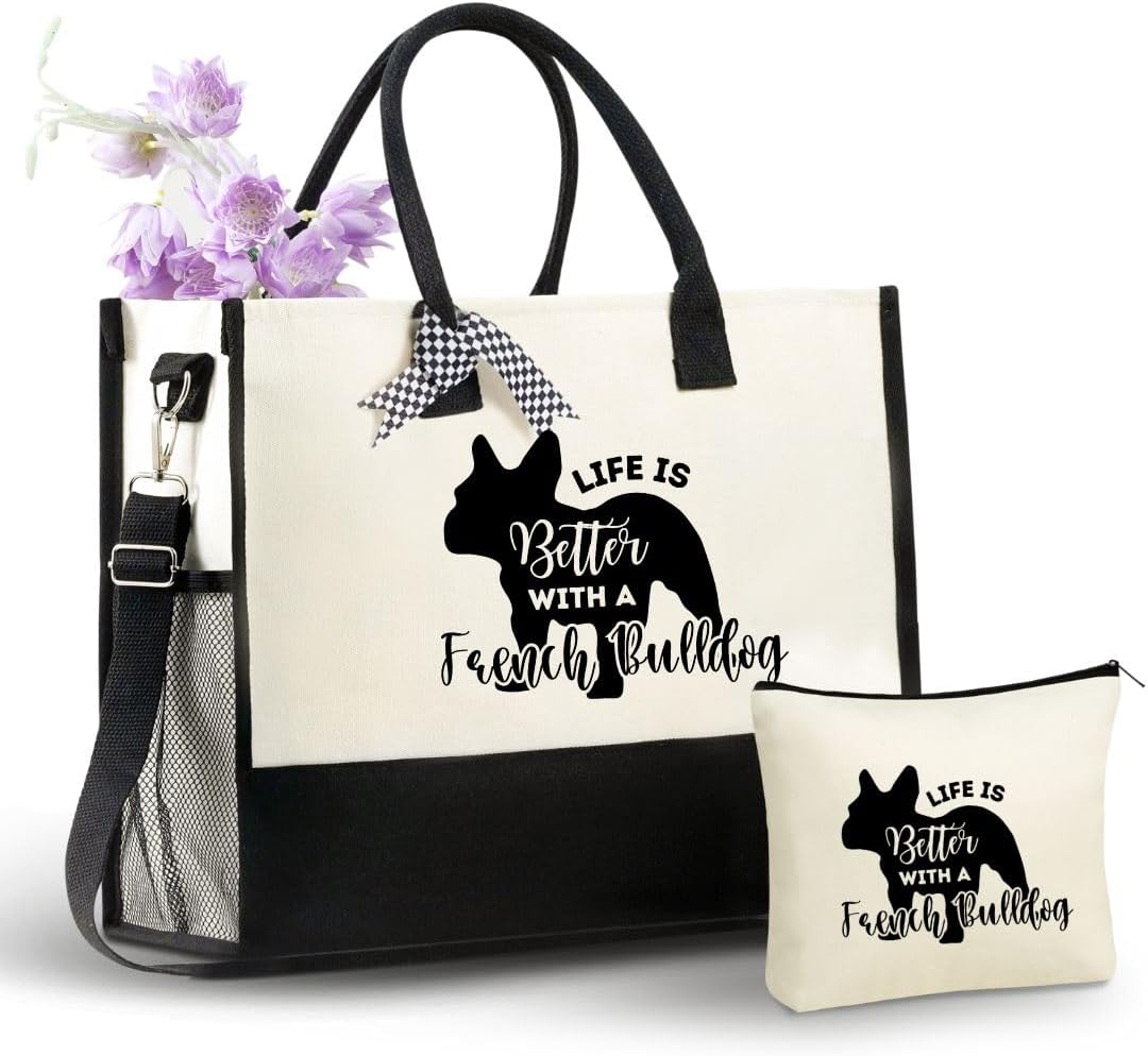 InnoBeta French Bulldog Gifts Canvas Tote Bag for Women, Important French Bulldog Lover Mom Stuff Bag for Birthday, Thanksgiving, Christmas -Life