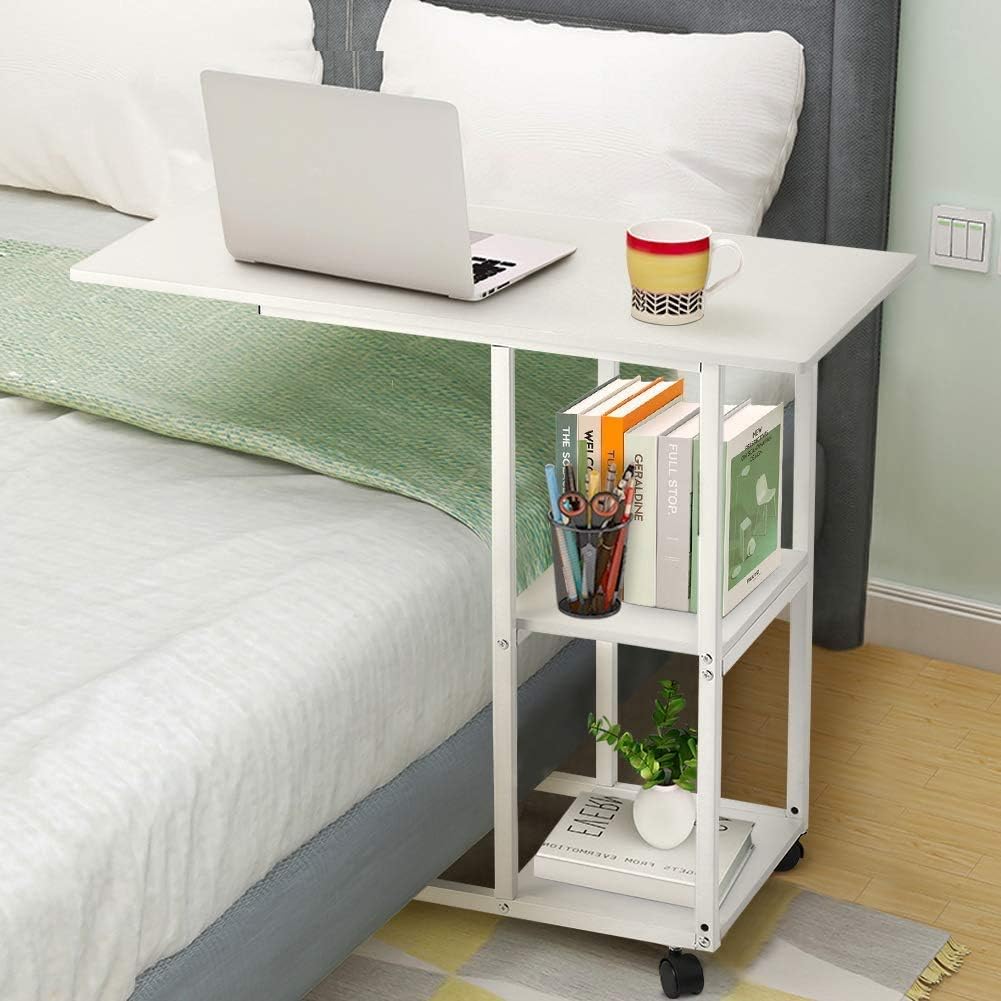GOTOTOP Snack Side Table, Mobile End Table Bedside Table Laptop Rolling Cart C Shaped TV Tray with Storage Shelves for Sofa Couch (White)