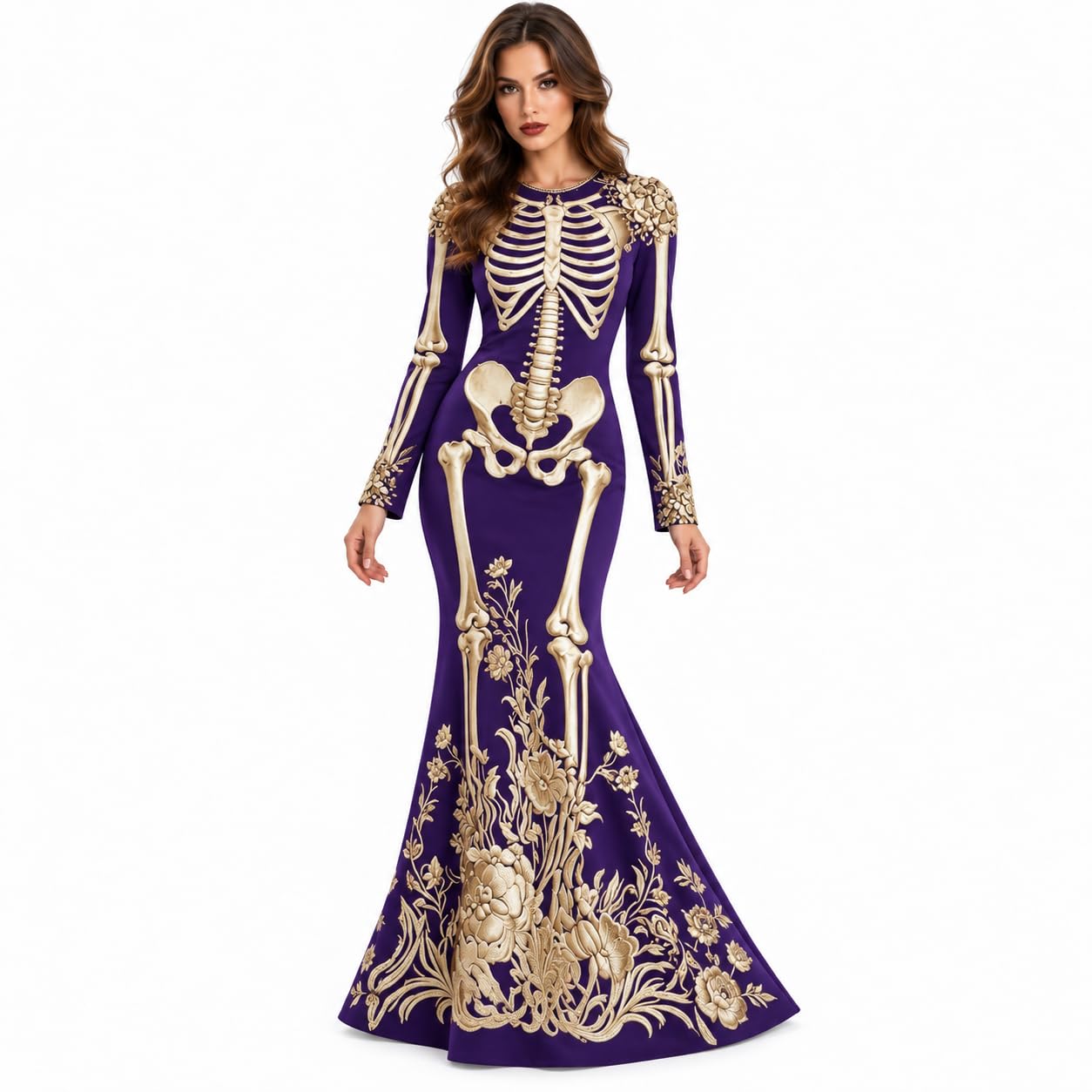 Women's Skeleton Print Mermaid Maxi Dress Long Sleeve Halloween Dresses for Women 3D Digital Print Floral Gothic Fancy Dress Costume — image 1