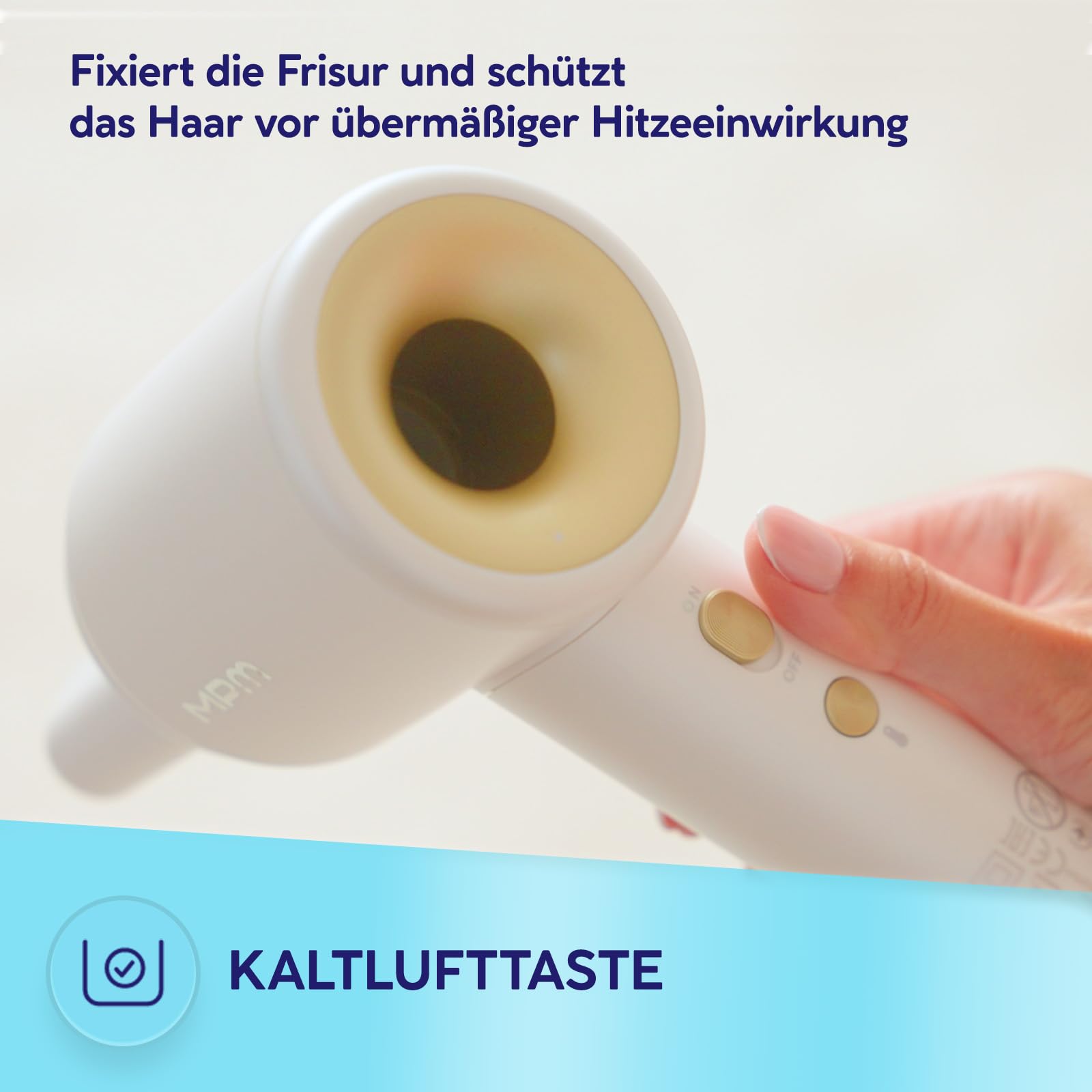 MPM Ionen Haartrockner 1500W - Haarföhn mit 3 Temperaturstufen und 3 Gebläsestufen, Magnetische Stylingdüse - Schnelltrockner Föhn mit Diffusor für glänzendes und glattes Haar - Weiß