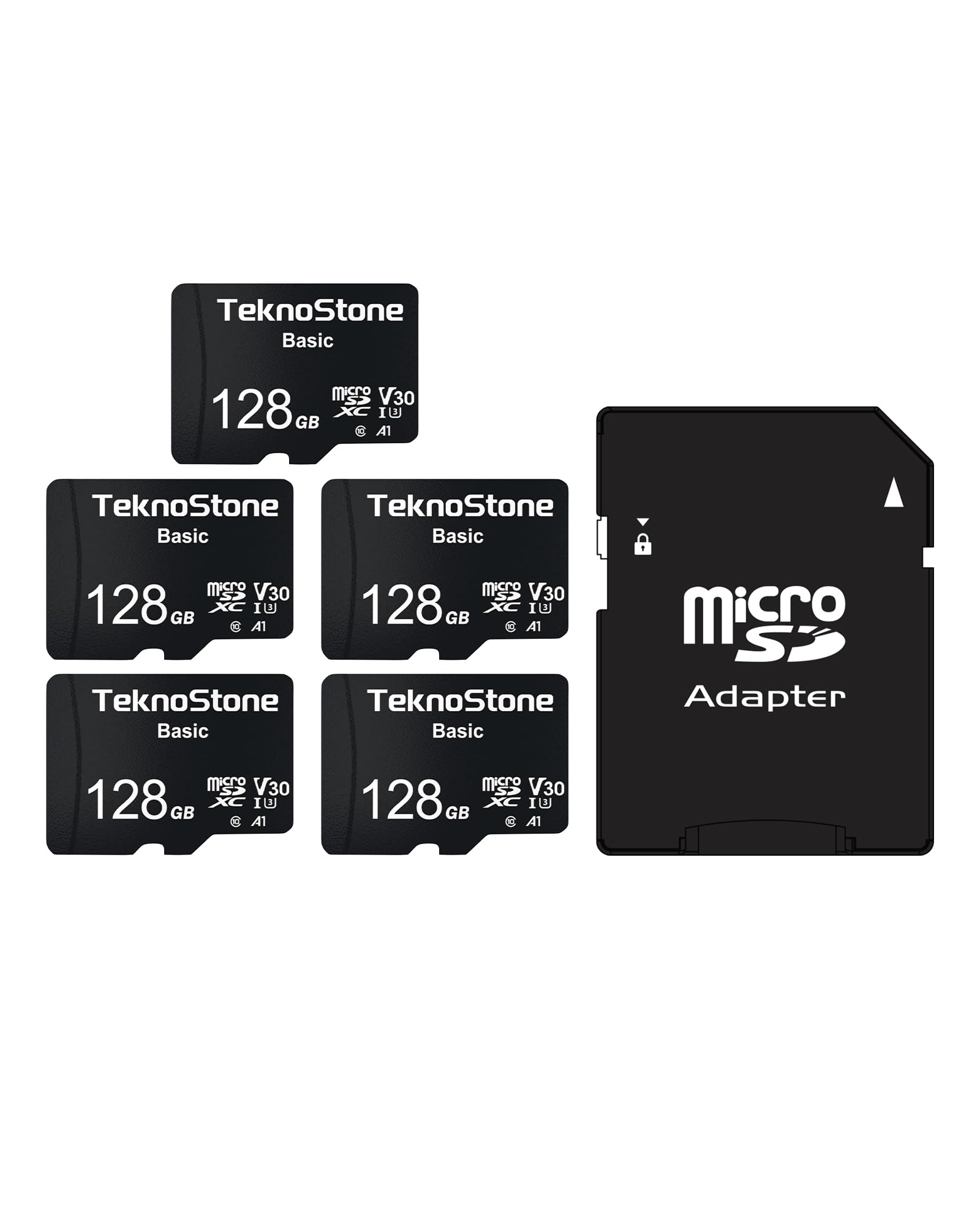 Lot de 5 cartes mémoire micro SDXC Basic de 128 Go avec adaptateur jusqu'à 90 Mo/s de vitesse de lecture U3 V30 A1 - Vidéo HD - Support carte TF pour caméras embarquées, caméras de sécurité