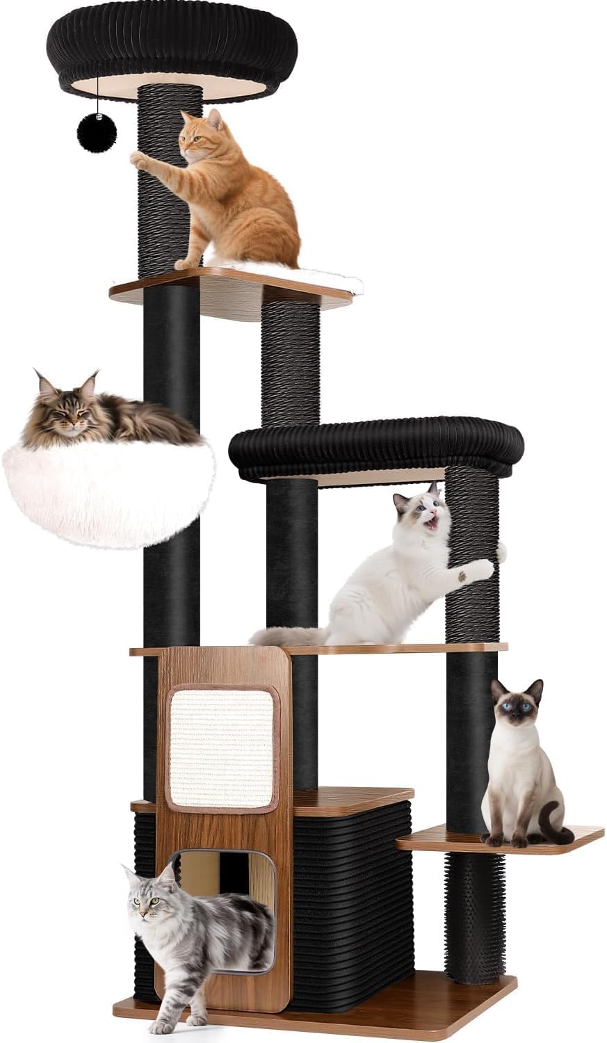 63″ Modern Cat Tree Tower for Indoor Cats, Heavy Duty Cat Trees for Large Cats, Adult Big Cats Maine Coon Cat Tree Tower with Scratching Post, Extra Large Top Perch, Cat Condos, Jet Black