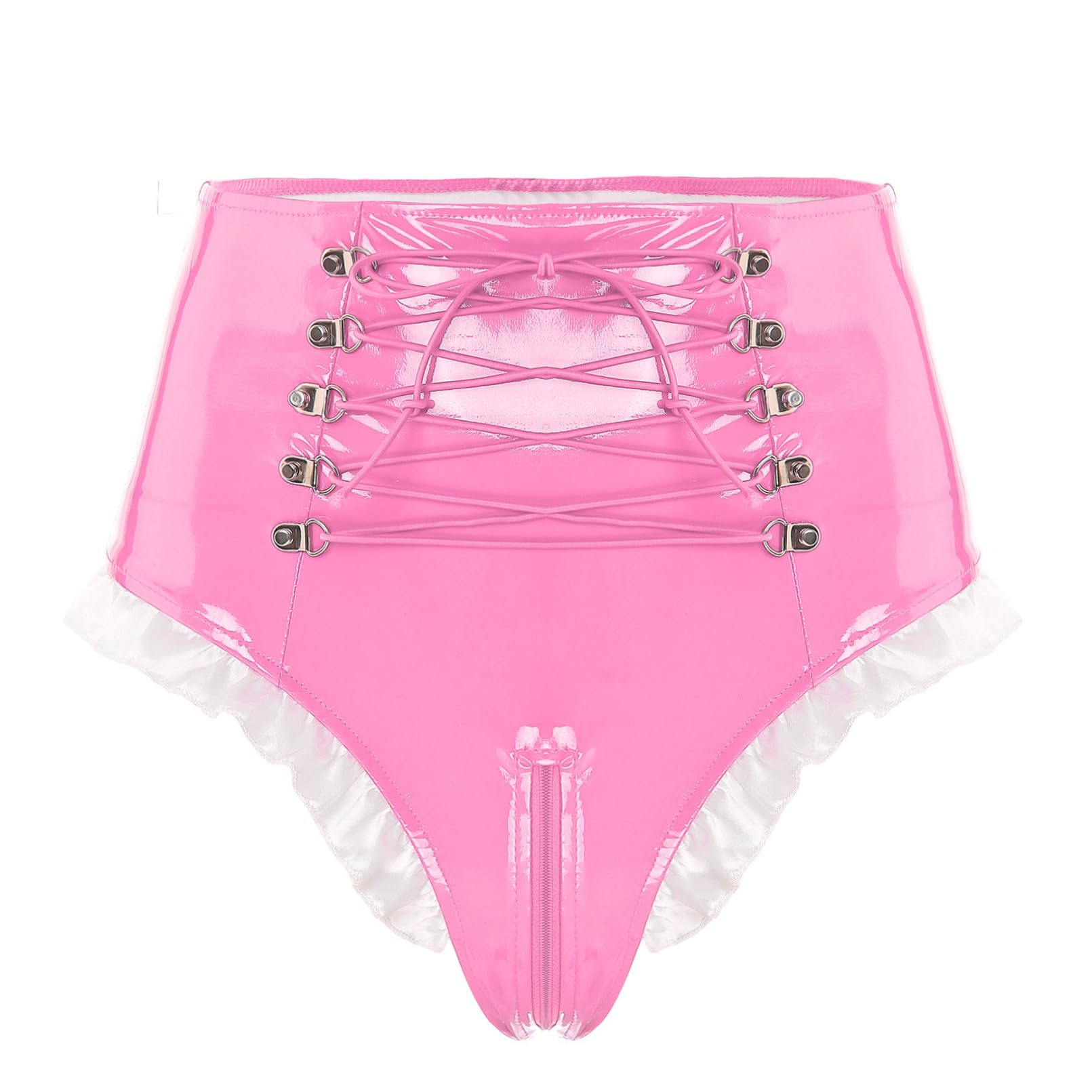 Slip sexy da donna in pelle laccata, effetto bagnato, con volant, perizoma a basso rise hipster pantys, lingerie corta
