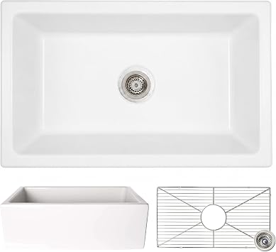 Zuhne Ostia 33 White Fireclay Farmhouse Kitchen Sink, Reversible Apron Fluted or Smooth, Single Bowl 33 x 18 1/8 x 10 in, Non Porous Surface, Quick Drain Dry, 3.5 in Drain, Strainer and Grid Included