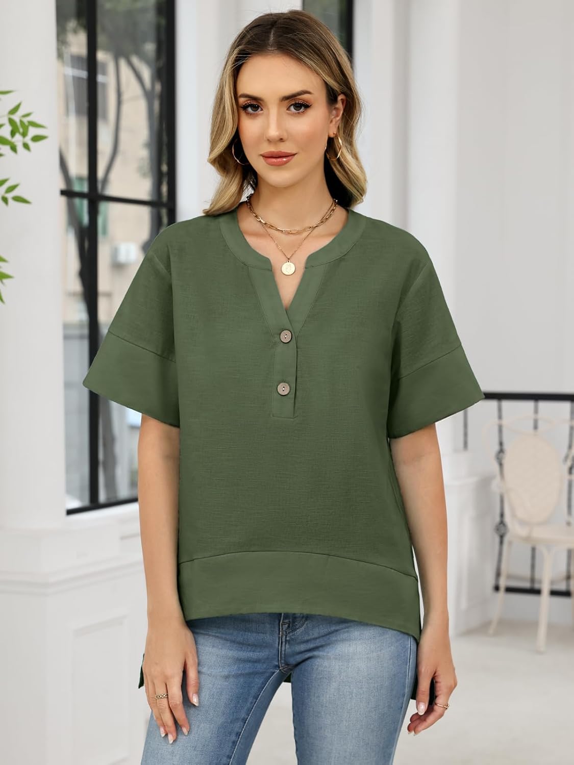 Celmia Womens Summer Tops Cotton Linen Short Sleeve V Neck Shirts Loose Fit Blouses Dressy Casual Tunic - Image 5