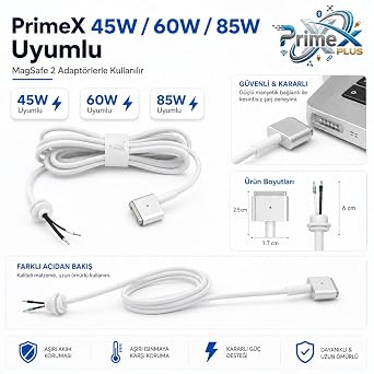 PrimeX PX-MAC2 MagSafe 2 Güç Adaptörü Kablosu, Apple MacBook A1425 A1435 A1465 A1502 Uyumlu, 5 Pin T Stili Manyetik Şarj Tamir Kablosu, 45W 60W 85W Adaptör İçin, 1.8 Metre