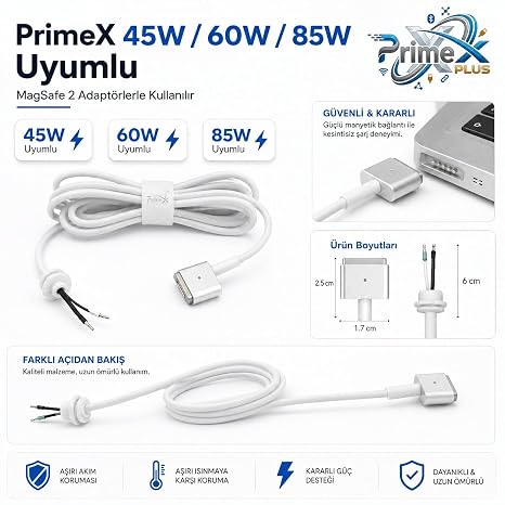 PrimeX PX-MAC2 MagSafe 2 Güç Adaptörü Kablosu, Apple MacBook A1425 A1435 A1465 A1502 Uyumlu, 5 Pin T Stili Manyetik Şarj Tamir Kablosu, 45W 60W 85W Adaptör İçin, 1.8 Metre