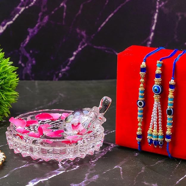 Image of SAUDEEP INDIA Feng Shui Crystal Tortise with Plate for Good Luck with Evil Eye Lumba /Couple Rakhi Set Brother Bhabhi | Turtle for Vastu Home Decor(1 Lumba, 2 Brother)