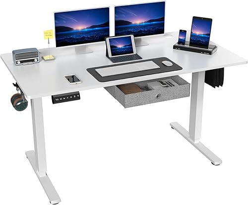 DUMOS Escritorio eléctrico de oficina de pie de 55 pulgadas, altura ajustable, estación de trabajo de PC, mesa de trabajo de madera para el hogar,