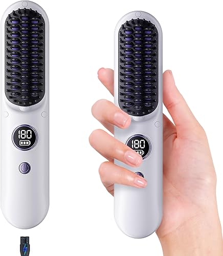 Cepillo alisador de pelo inalámbrico, cepillo alisador portátil, alisador de pelo de peine caliente, 5000 mAh, modos de carga duales,