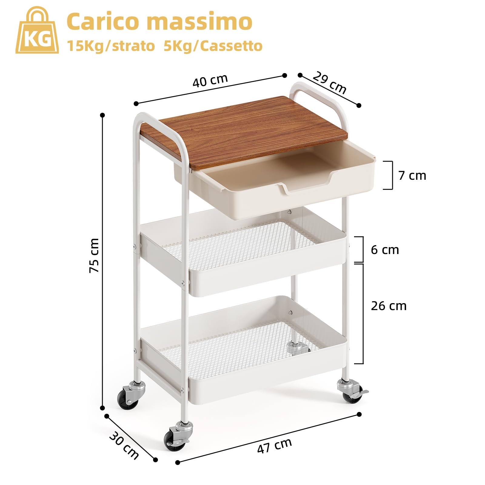 KINGRACK Carrello Cucina, Carrello Estetista a 3 Ripiani, Carrellino Salvaspazio con Cassetti, Carrello Bagno con Ruote, Carrello Portaoggetti con Piano da Legno Tavolo, Bianco (Marrone scuro)