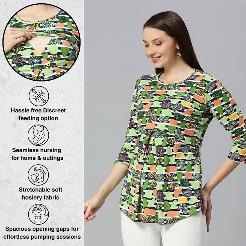 True Shape Feeding Tops for Mothers with Zip | Knitted Hosiery Zipless Maternity Tunic Shirt with Breastfeeding Access for Pre & Post Pregnancy(TST-149-L, Fern Green) 1