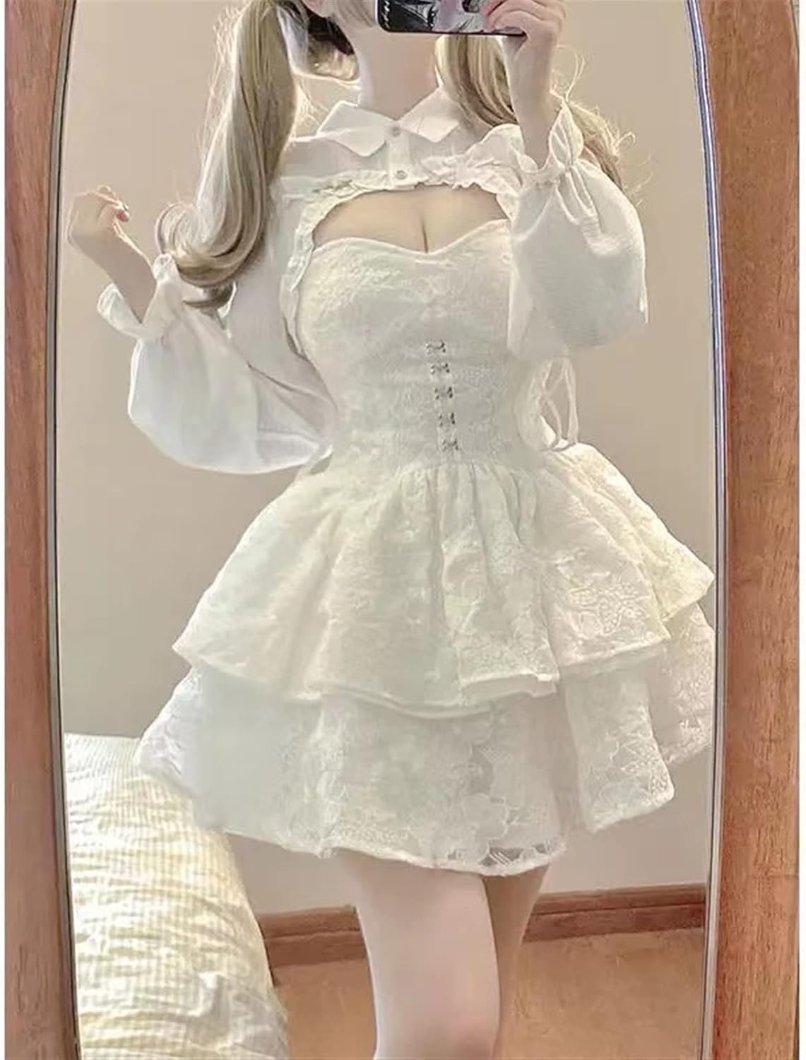 Lace White Kawaii Lolita Dress Women Ruffl Long Sleeve Fairy Dress Straps Birthday Party Dresses (Color : Slip Dress+Blouse, Size : Medium)