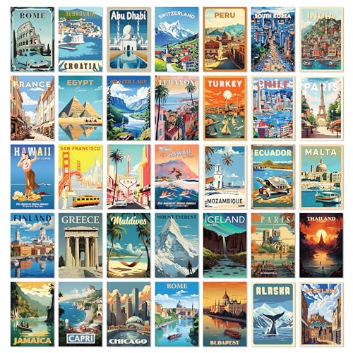 97 Decor Vintage Travel Decor - Travel Posters Wall Art Prints, Vintage Postcards from Around The World, City Landscape Aesthetic Pictures Retro Popular Cities Photo Collage Kit for Teen Bedroom (4x6)