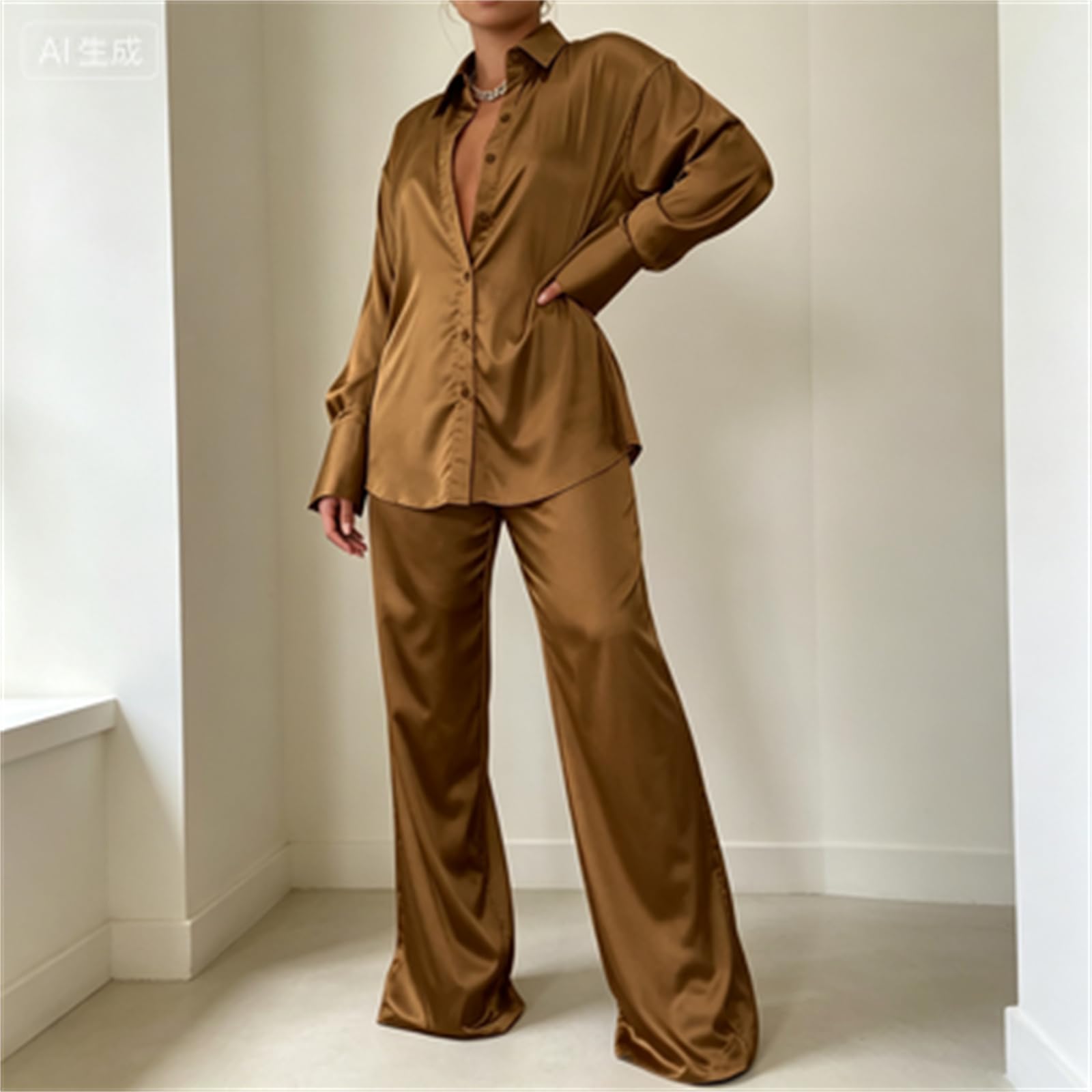 Completo Pigiama da Donna in Raso Effetto Seta (2 Pezzi): Camicia Oversize a Maniche Lunghe con Revers e Bottoni + Pantaloni a Gamba Larga – Abbigliamento da casa Morbido ed Elegante