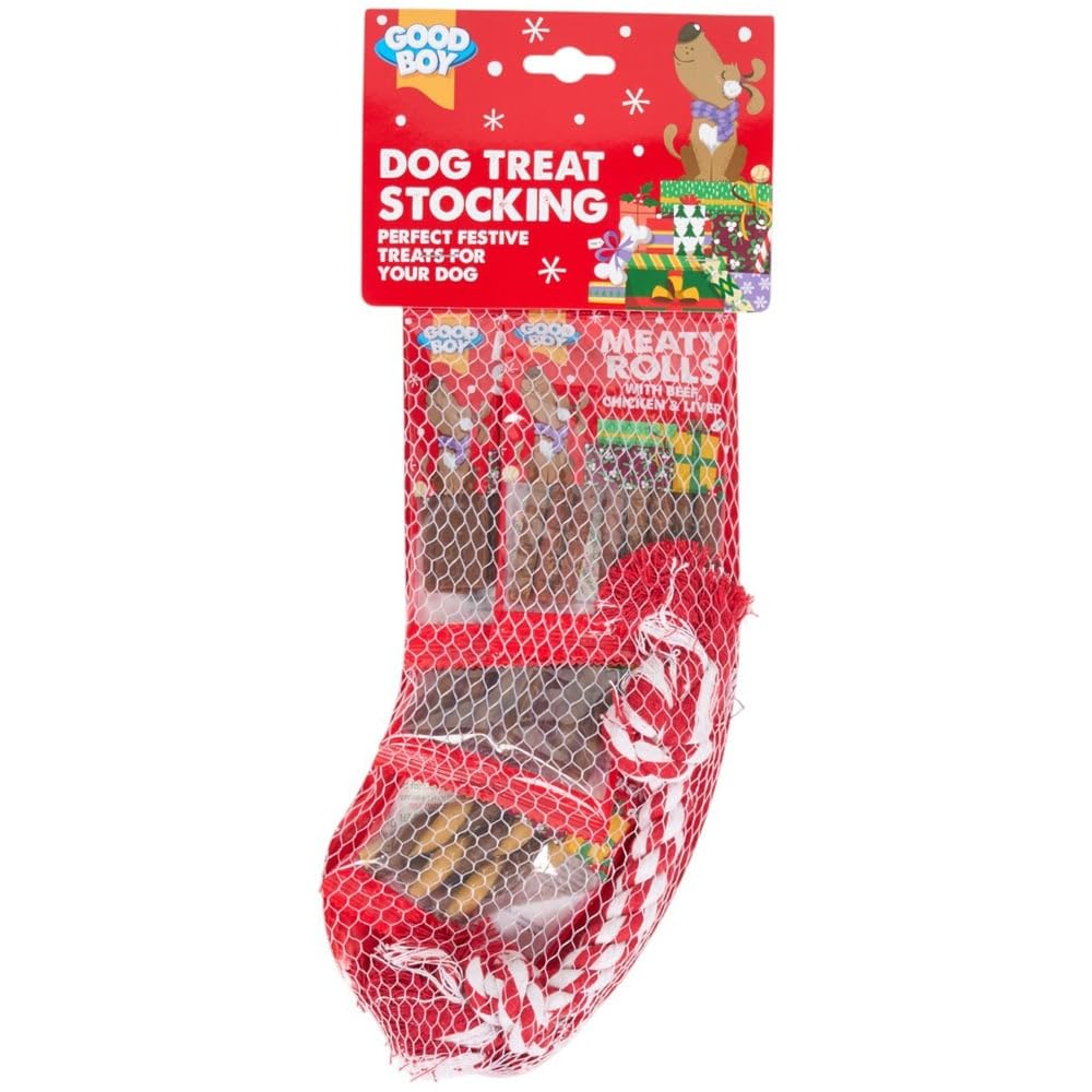 Good Boy Dog Treat Stocking 2025 for Dogs | 4 Meaty Treats + Rope Tug Toy | Festive Red & White Stocking for Dogs