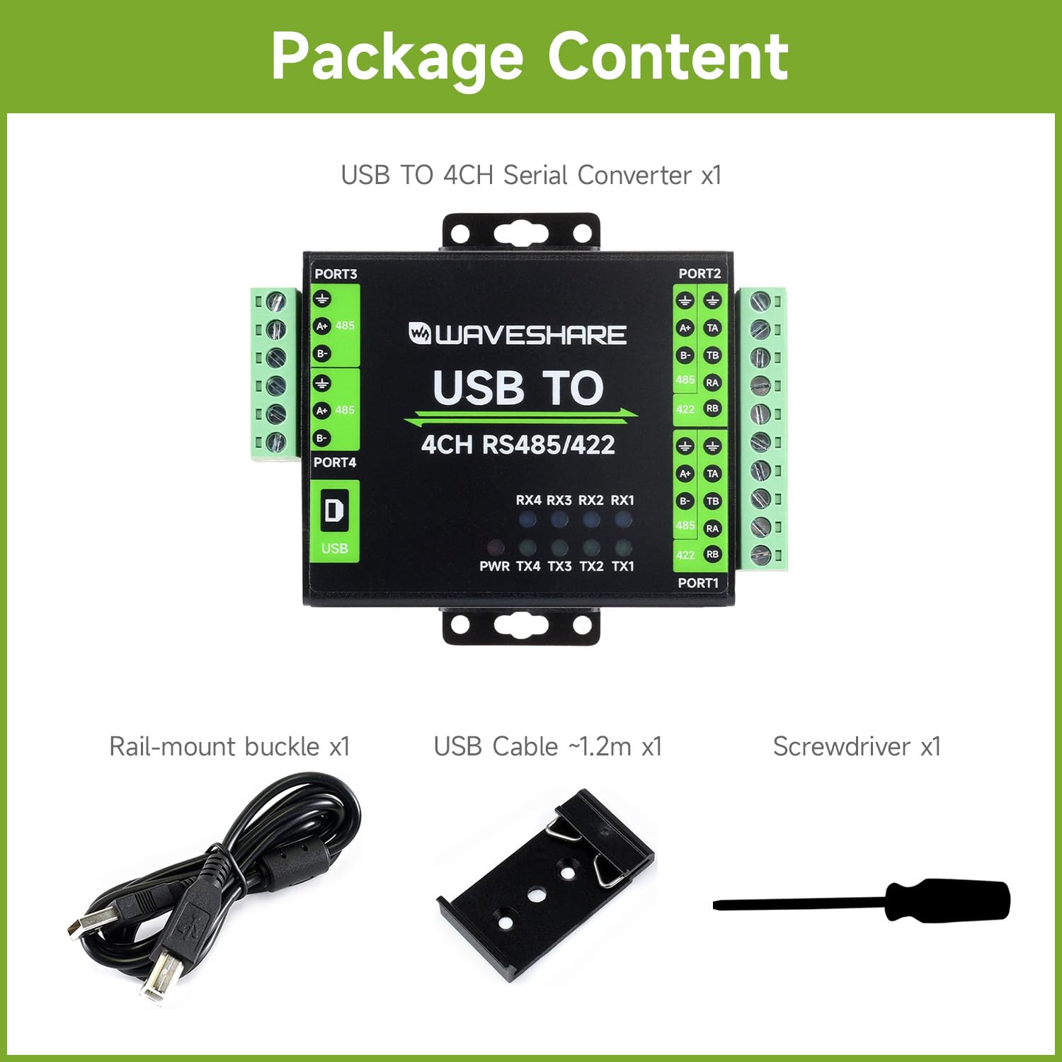 Waveshare Industrial Isolated USB to RS485/422 Converter, Original FT4232HL Chip, Supports USB to 2-Ch RS485 + 2-Ch RS485/422, Wall-Mount & Rail-Mount Support