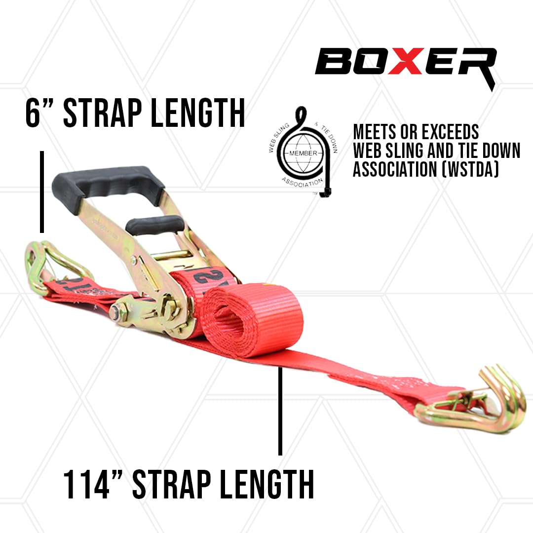 Boxer Tool Kit de amarre de coche resistente con cierre de seguridad de gancho en J, resistencia a la rotura de 10 libras, carga de trabajo de 3300 libras, correa roja premium de 2 x 114 pulgadas
