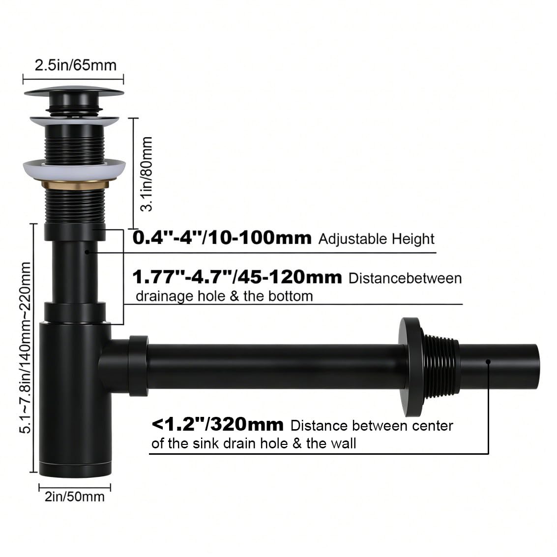 Sifón lavabo desagüe sin rebosadero – Acero inoxidable 304 Universal Sifón Lavabo Baño, Sifón Sifón Pop Up Desagüe, Sifón de Fregadero, Negro
