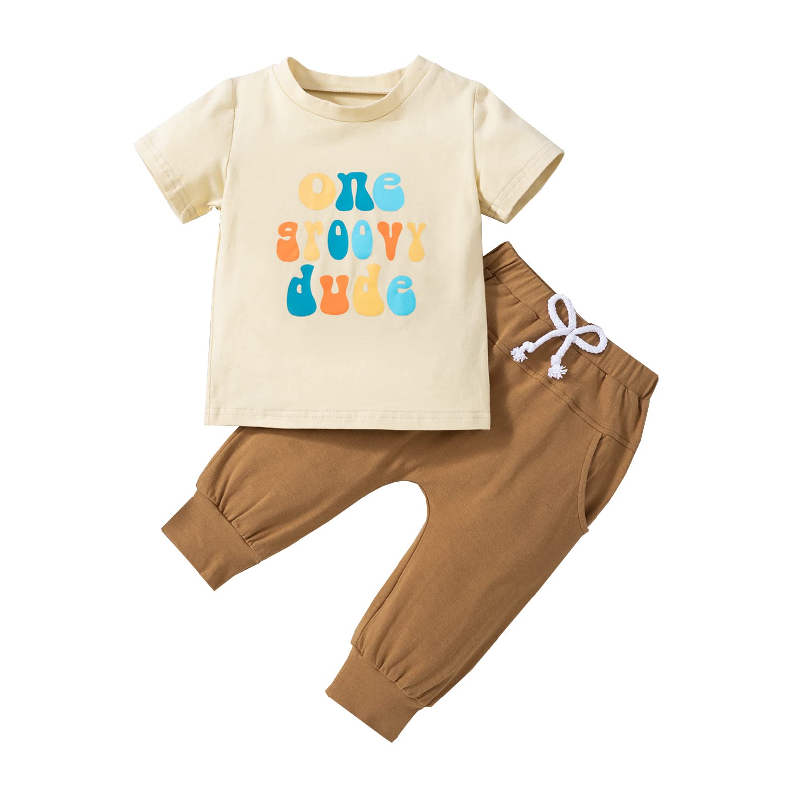 1st Birthday Baby Boy Outfit Groovy One/Two Groovy Short Sleeve Letters T-Shirt + Shorts/Pants Boy Summer Clothes (One Groovy Dude Pants,6-12 Months)