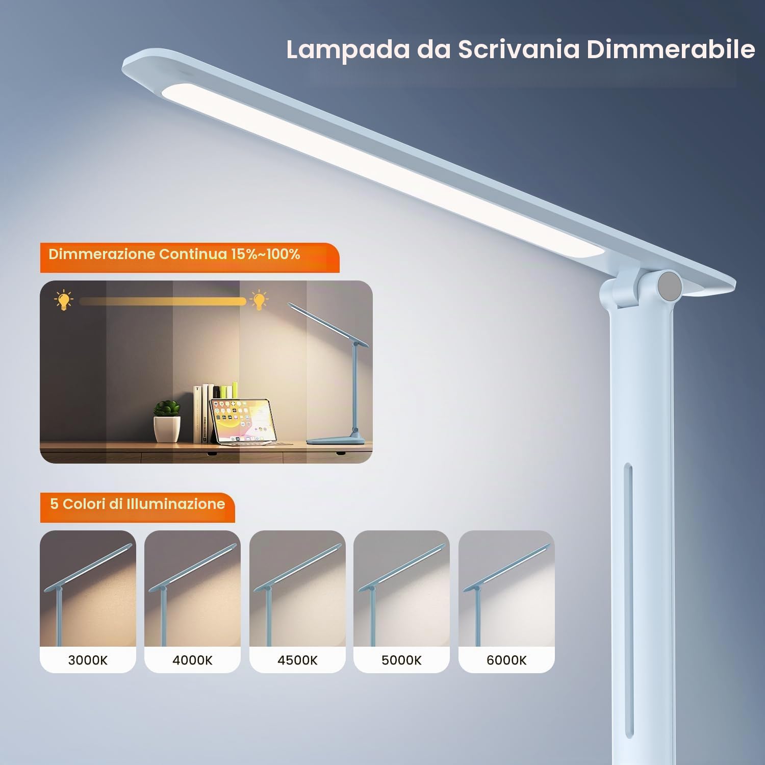 Lampada da Scrivania, 5 Colori e 10 Livelli di Luminosità Lampada da Tavolo, Timer/USB Ricarica/Tocca Controllo/Pieghevole, Protezione Gli Occhi LED Luce per Studio, Lavoro, Gioco, Regalo