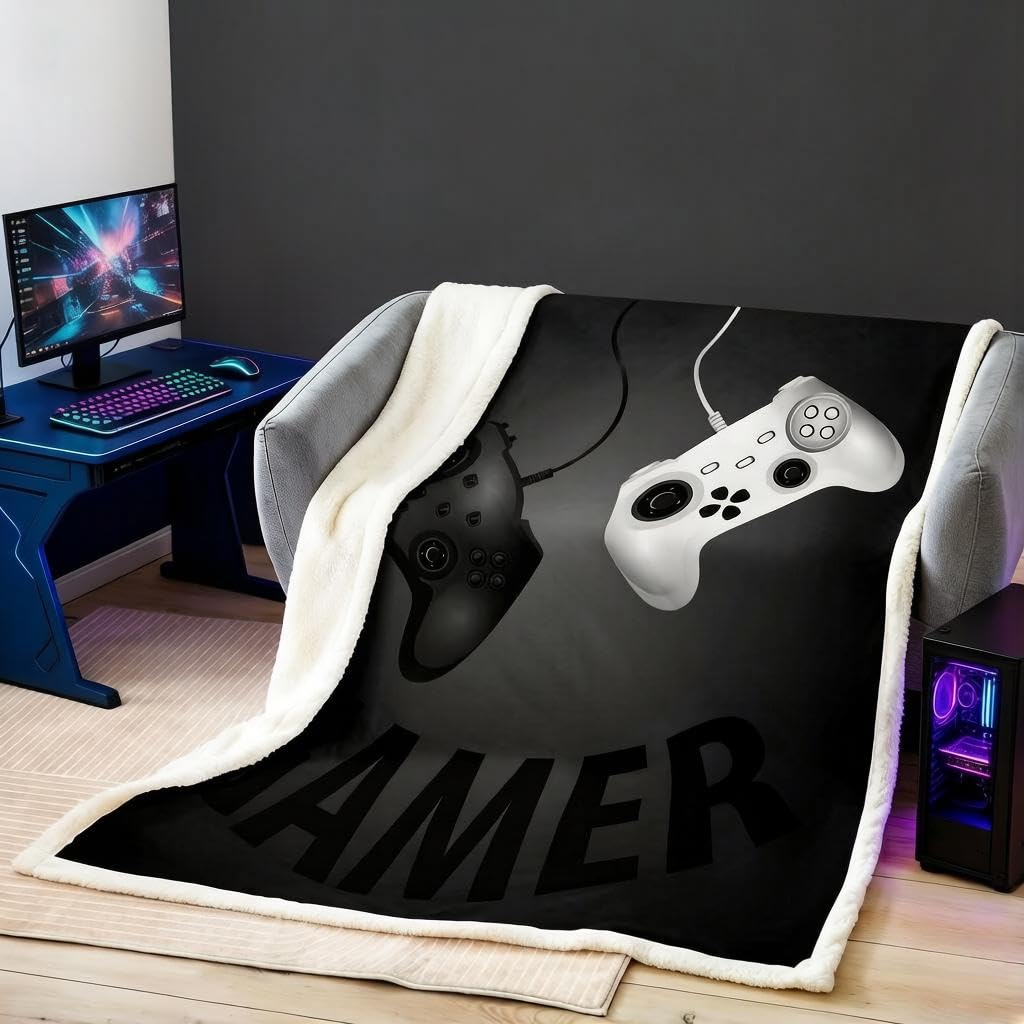Loussiesd Gamepad Sherpa Blanket Kids Gamer Fleece Throw Blanket Ultra Soft Black White Video Game Gamepad Plush Blanket Warm for Bed Sofa Boys Modern Game Controller Blanket 40x50 Inch