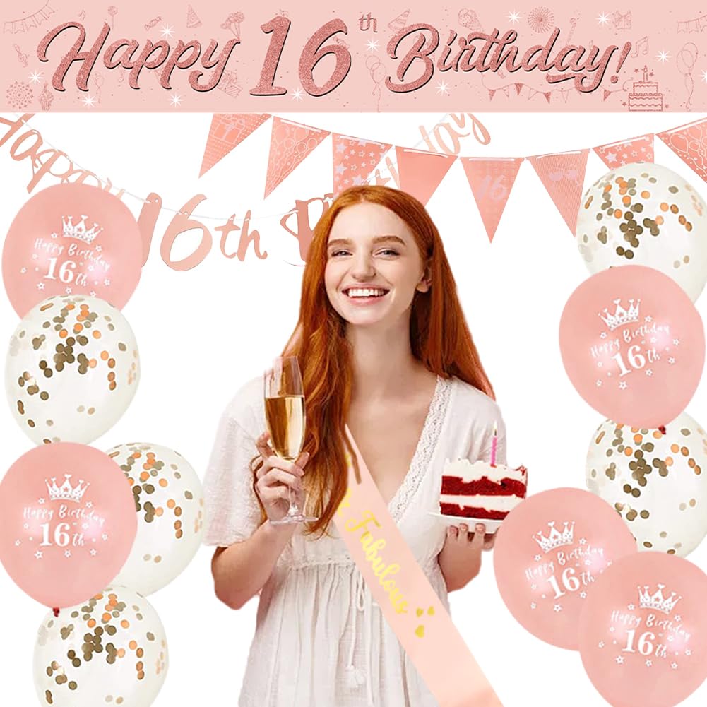 Deko-Set Zum 16. Geburtstag Für Mädchen – In Rotgold Mit Krone, Schärpe, Banner & Ballons