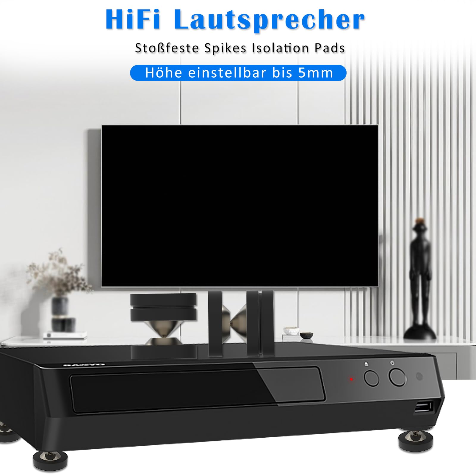Lautsprecher Spikes 4 Sets 39mm×39mm Lautsprecherfüße mit POM Edelstahl-Lautsprecherpads HiFi Geräte Füße für HiFi-Lautsprecher, Subwoofer, Audioverstärker, DAC und CD-Player (Schwarz)