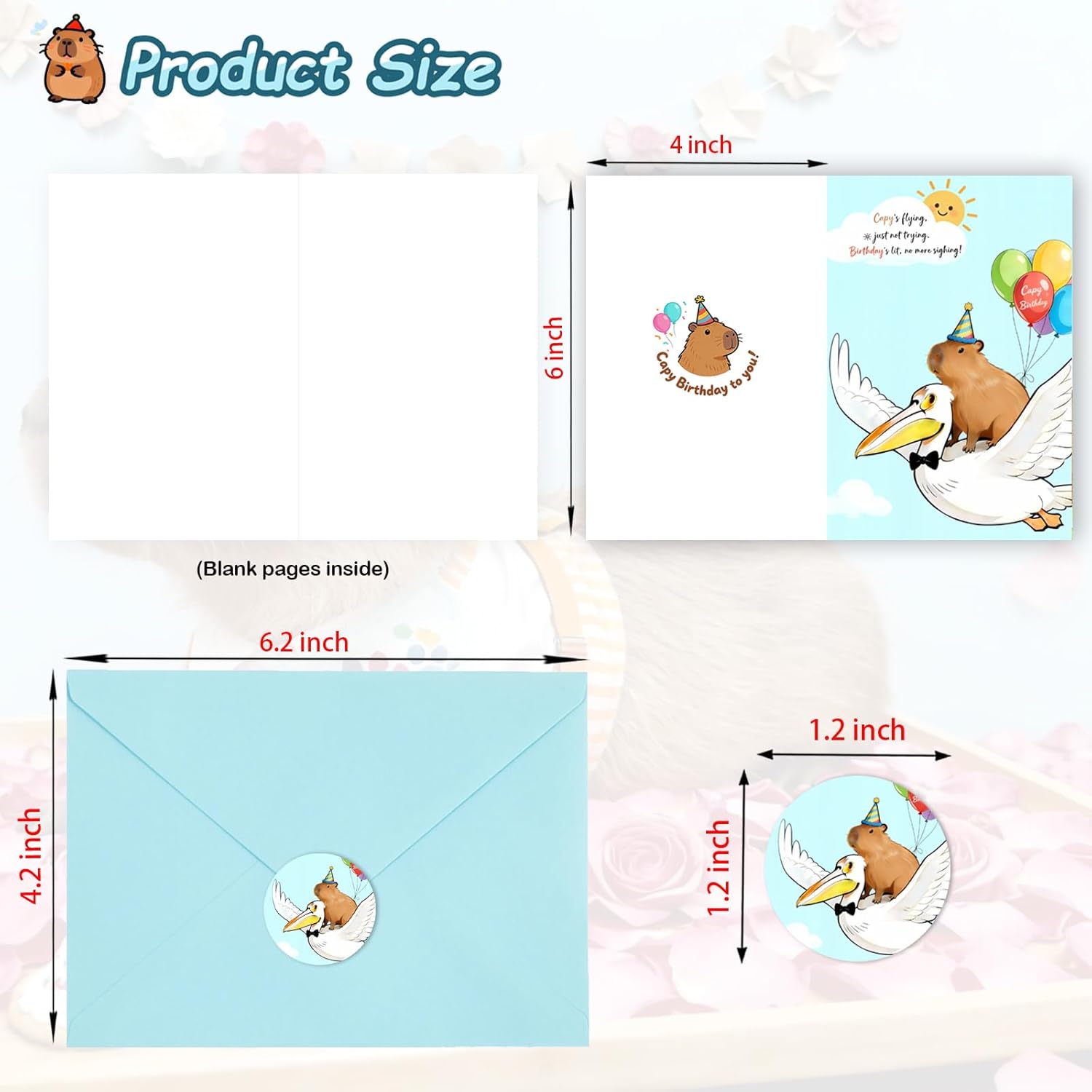 1 Pack Funny Capybara Birthday Card with Envelopes & Stickers, Assorted “Capy Birthday” Animal Pun, 9 Unique Designs, 4x6", for Capybara Lover Gifts, Capy Themed B-day Party Favor (Flying with Pelican)