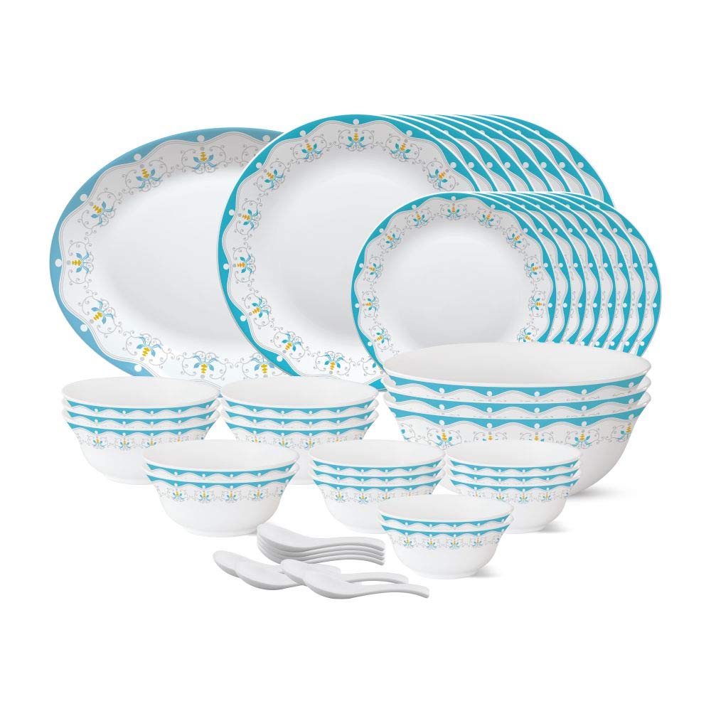 Larah By Borosil - Tiara Series, Royal Jade, 44 Pcs, Opalware Dinner Set, White