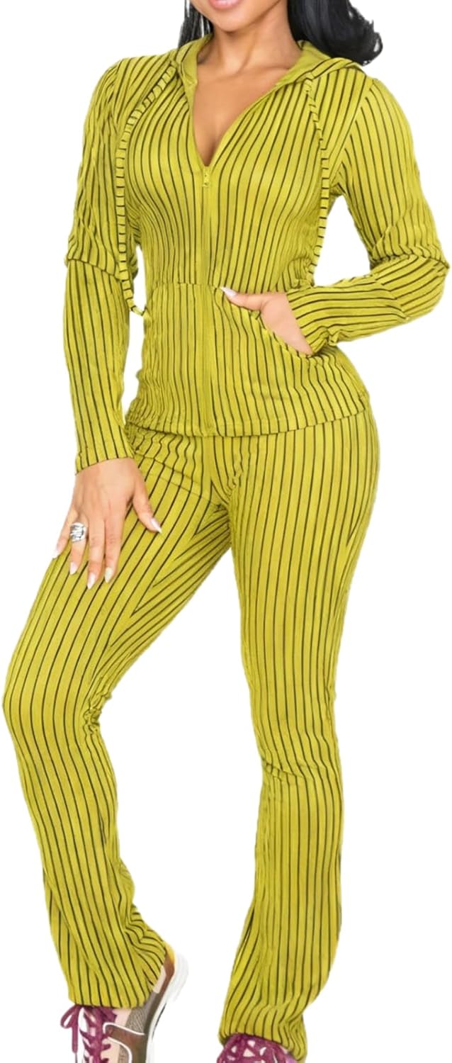 REASERAL Womens 2 Piece Sets Workout Sets Long Sleeve Zip Hoodie and Sweatpants Striped Lounge Sweatsuits
