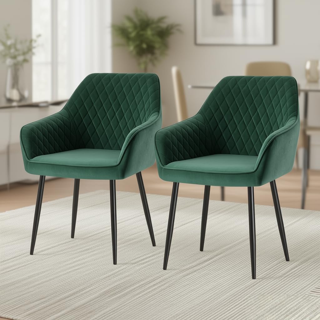 ZOONFA Upholstered Dining Chair Set of 2 Velvet Kitchen Chairs with Black Metal Legs Curved Backrest and Armrest Accent Chair for Dining Room Living Room (Green)
