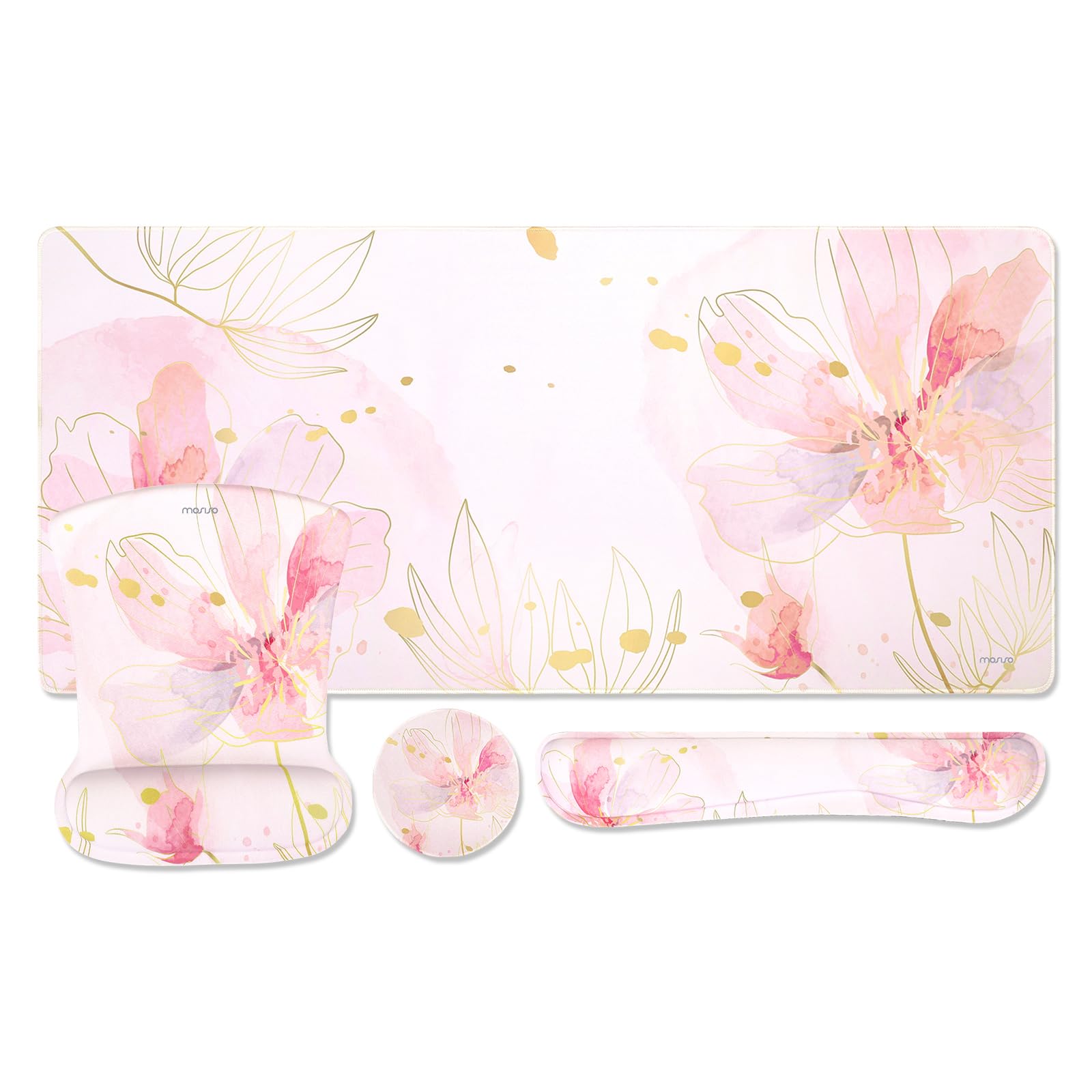 Kit Gaming Ergonomique MOSISO - Tapis Souris Grand Format 90x40cm, Repose-Poignets Clavier/Souris, Sous-Verre - Rose Pétales D'Encre