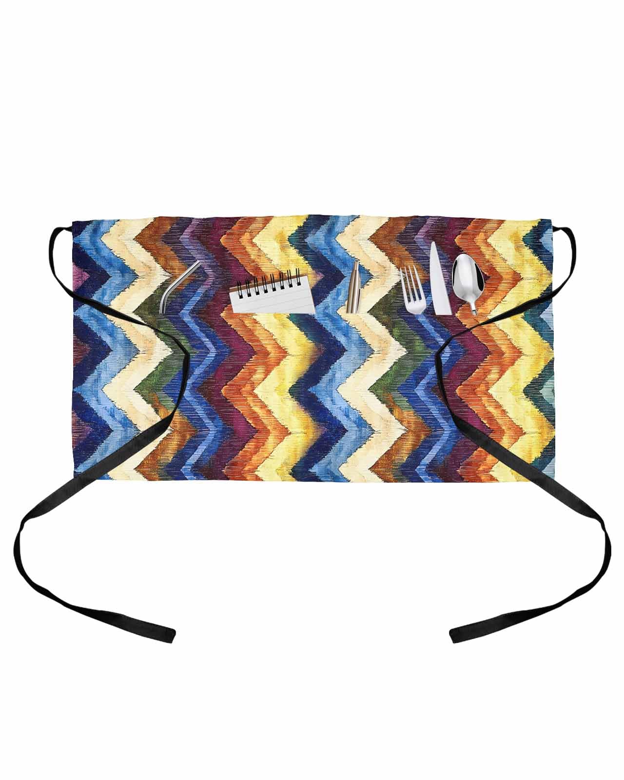 PIEPLE Colorful Shabby Stripe Server Apron Waitress Aprons with 3 Pockets, Geometric Color Block Abstract Half Waist Waiter Aprons Restaurant Chef Aprons for Women Men