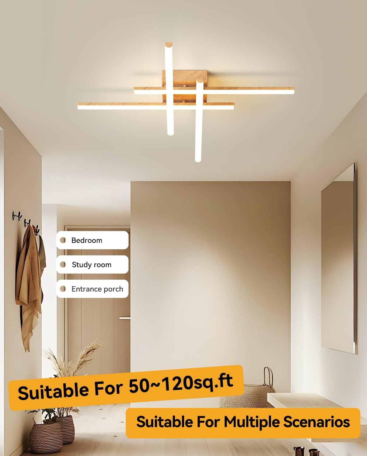 Modern Sputnik Ceiling Light Fixture LED Dimmable with Remote Control Ceiling Lighting Black Flush Mount Chandelier Ceiling Lamp for Bedroom Study Kitchen Living Room 3-Color (4-Light- LightWood)