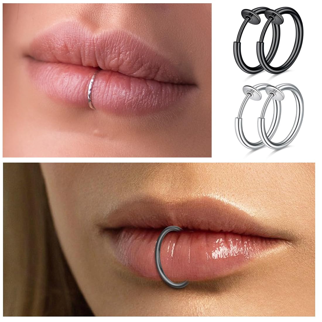 4 Paia di Orecchini Clip Magnetici in Acciaio Inossidabile Senza Buco per Uomo, Donna - Design da Uomo con Cerchi Piccoli per Orecchini Finti Non Piercing, Nero e argento