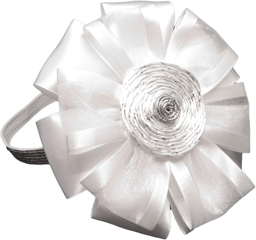 Little Miss Purple Exclusive Collection Ribbon Flower Fancy Headband for Kid Girls and Baby Girls - Perfect for Christenings, First Communions and Weddings - White / Silver Details