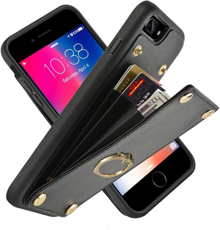 LAMEEKU Wallet Case for iPhone 8 Plus and 7 Plus, Shockproof Kickstand Leather Card Slot Money Pocket Case with 360 Rotating Ring Grip Holder Stand, Protective Cover for iPhone 7 Plus/8 Plus-Black