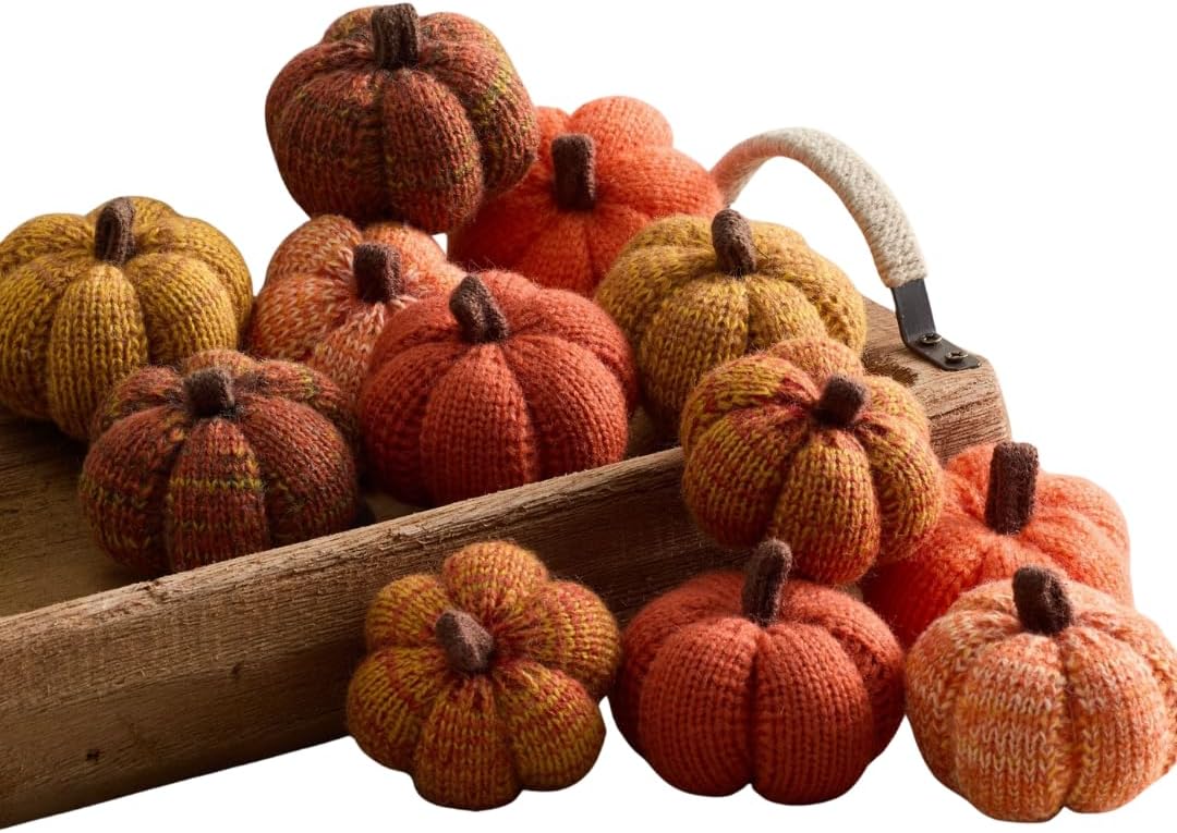 Your Heart's Content Set of 12 Cozy Mini Knit Orange Pumpkins, Fall Gold Rust Home décor Accent, Table top Thanks Giving, Soft Autumn Home Decor (Sunset Full Set)