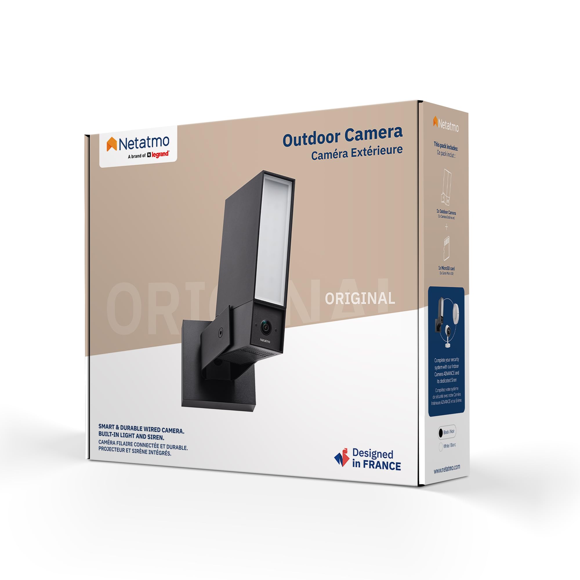NETATMO Cámara de Vigilancia Exterior. WiFi 5 GHz, 2K HDR, Detección IA Personas/Vehículos/Animales, Proyector LED 12 W, Sirena Integrada 105 dB, Almacenamiento Local, Sin suscripción, Negra﻿, NOC-2-A