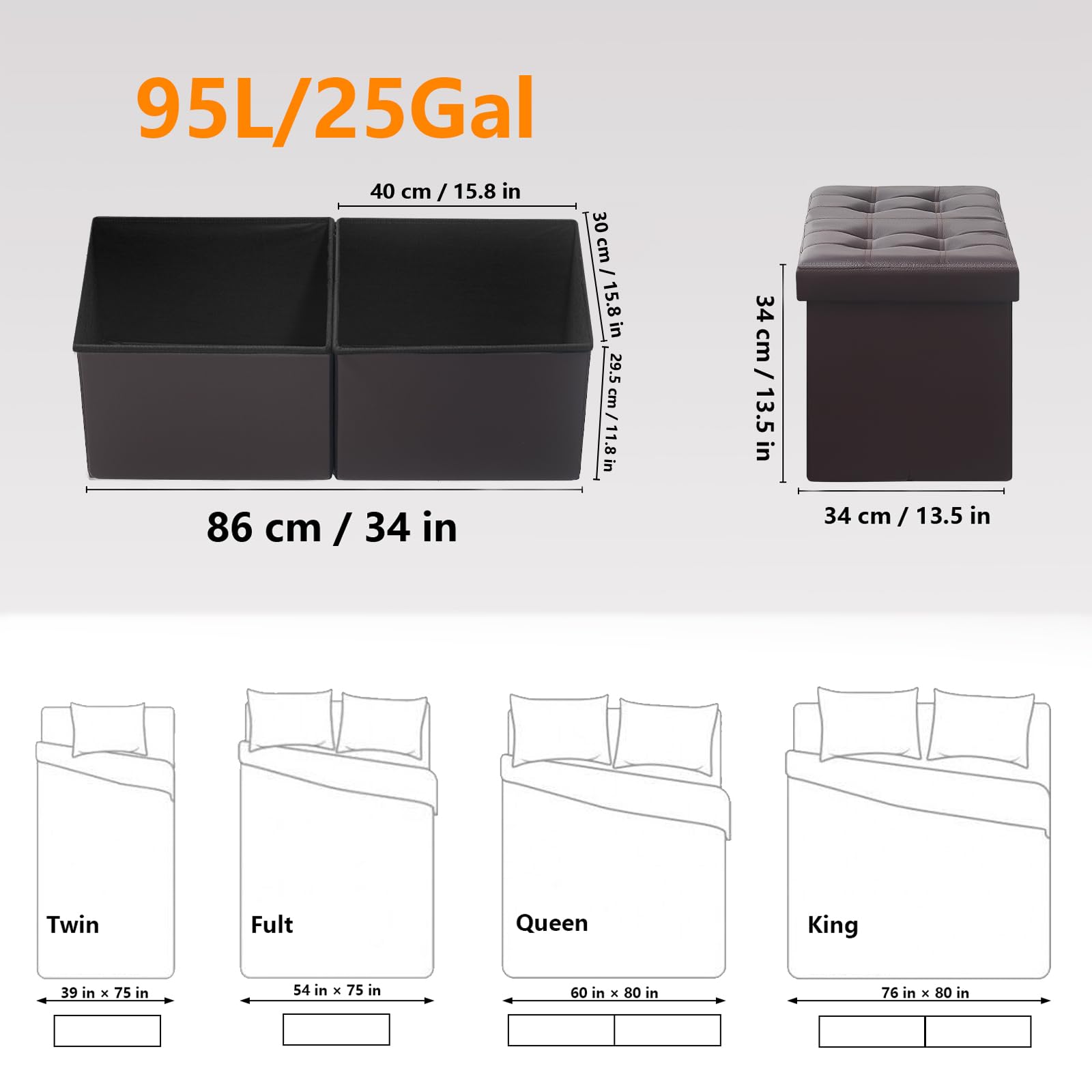 AmasSmile Banco otomano reposapiés con almacenamiento, reposapiés de cuero marrón de 34 pulgadas, mesa de café, asiento acolchado, baúl de almacenamiento, tienda de mantas con tapa abatible para sala