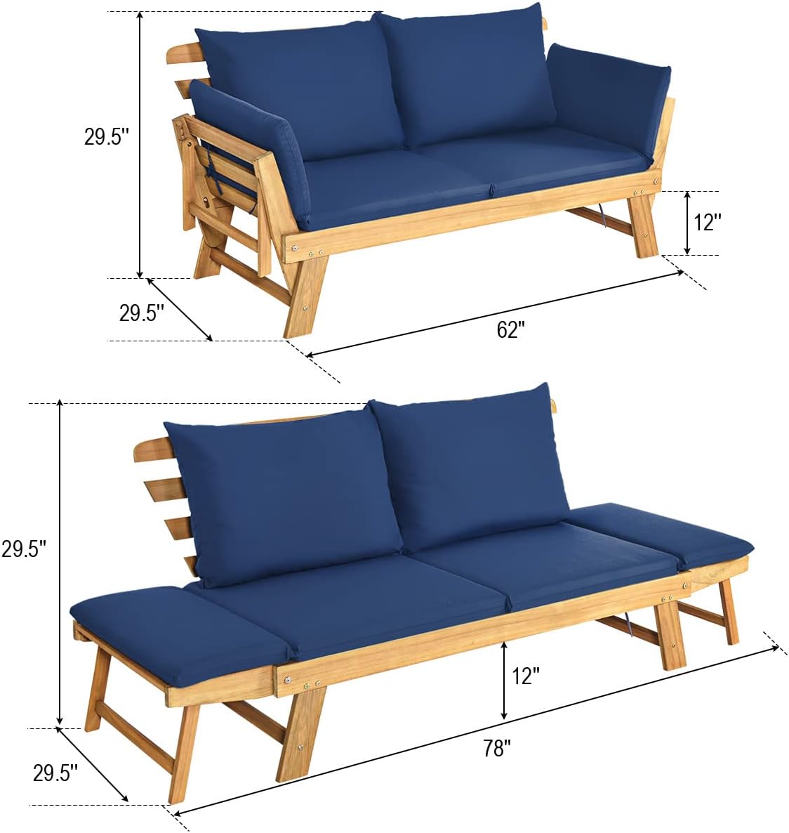 Acacia Wood Patio Convertible Couch Sofa Bed Adjustable Armrest Turquoise & Navy Cushion Cover Sets